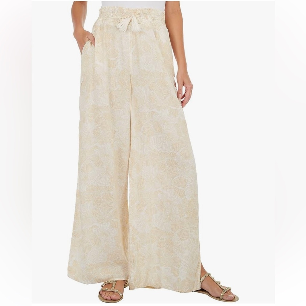 Roxy Tropical Rhythm Tapioca Crazy Hibiscus Wide-Leg Beach Pants - Sz Lrg, NWT
